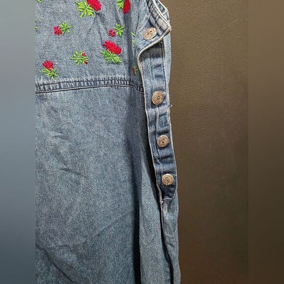 VINTAGE Women's Denim Chambray Maxi Dress Embroidered Floral Side Button 1X - Picture 6 of 9